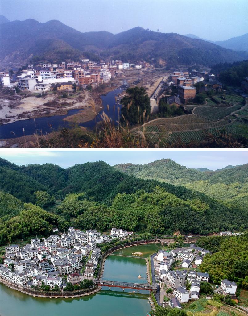 圖為浙江省杭州市淳安縣楓樹嶺鎮(zhèn)下姜村拼版圖，其中上圖為資料照片、下圖由新華社記者張鋮攝。